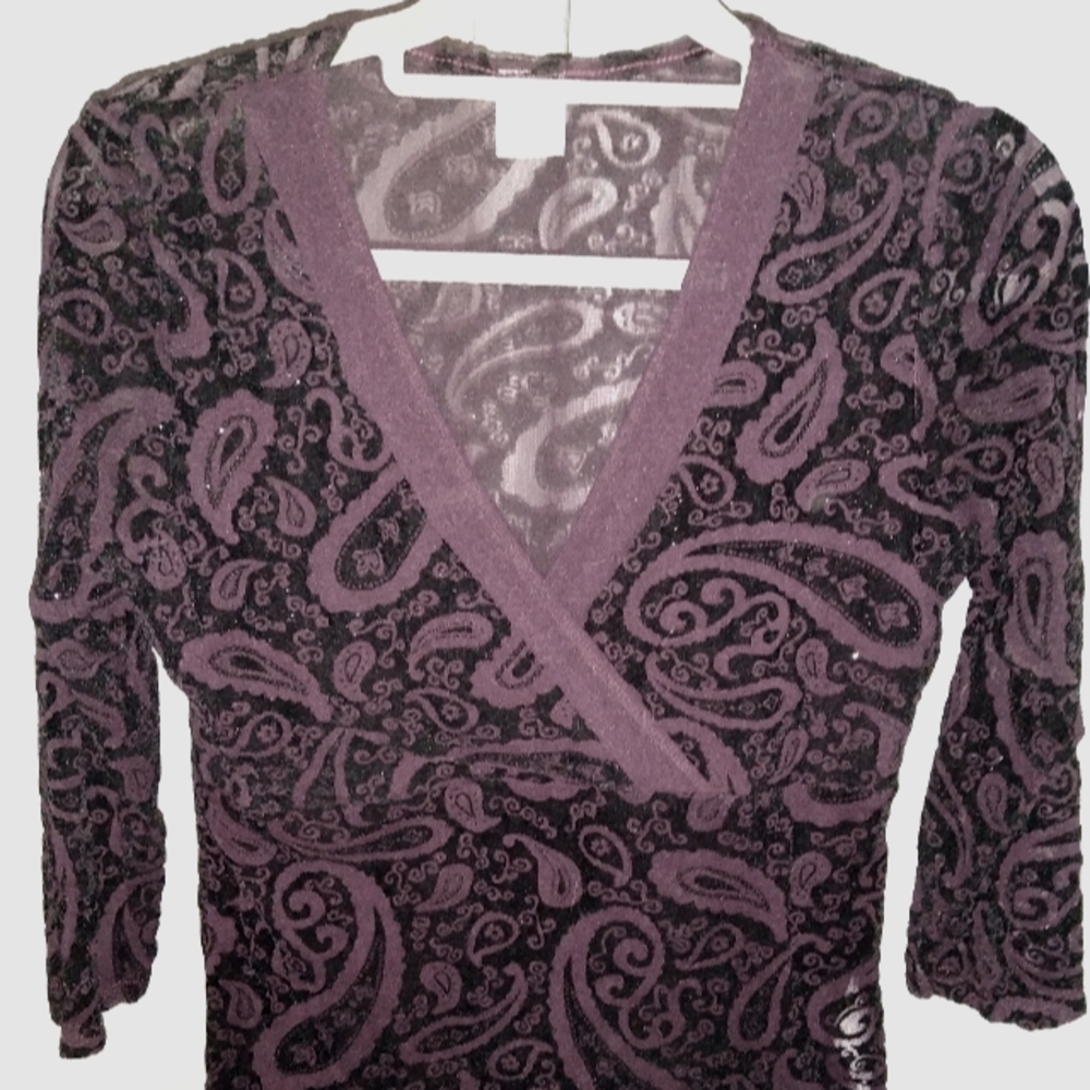 Purple Black Burnout Velvet Blouse Paisley Semi Sheer Goth Whimsygoth Wrap Top - Picture 6 of 14